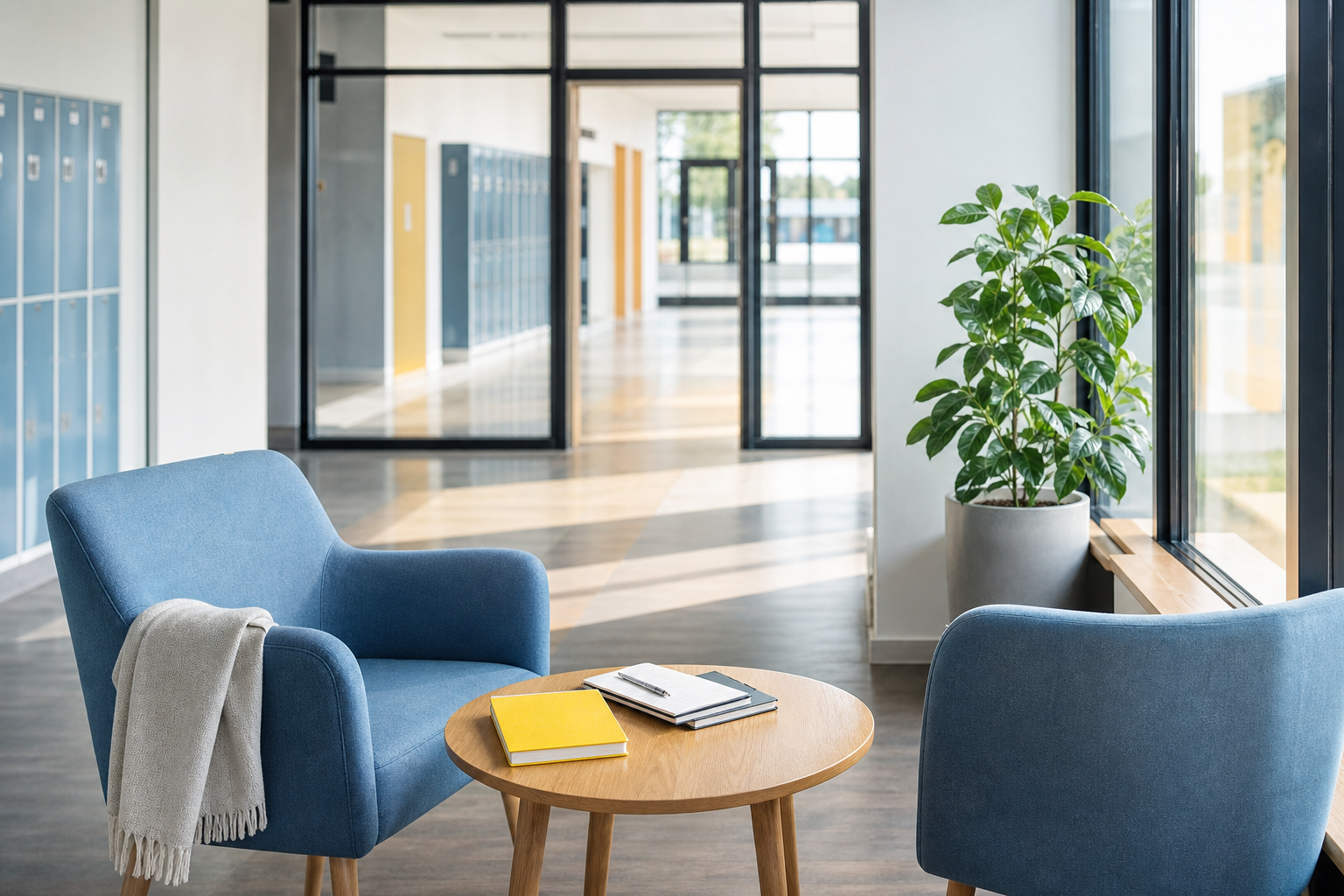Twee blauwe stoelen en een kleine tafel in een rustige hoek van een school