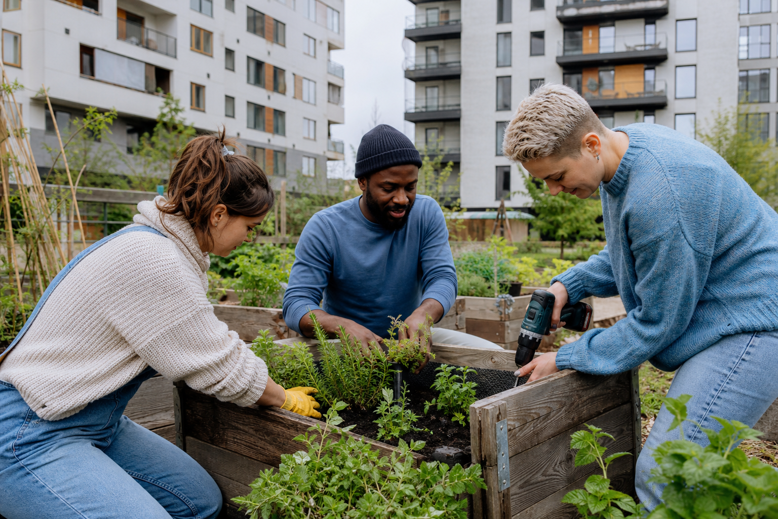 Drie vrijwilligers planten kruiden in een houten bak in een gezamenlijke buurttuin
